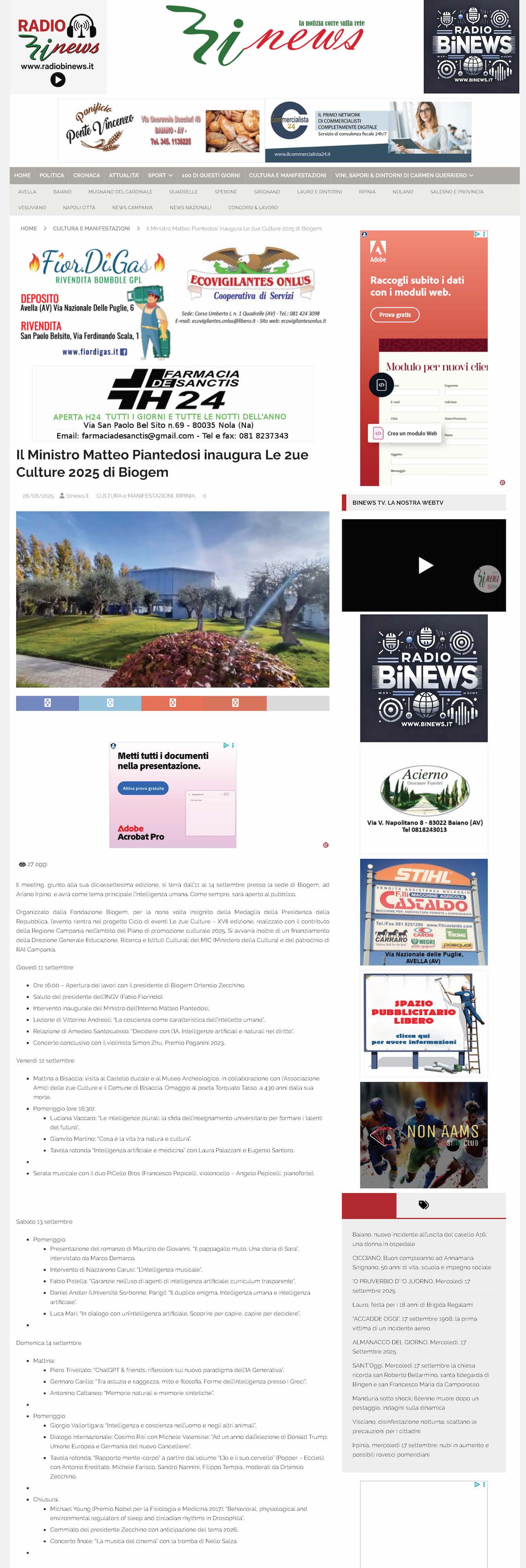 Il Ministro Matteo Piantedosi inaugura Le 2ue Culture 2025 di Biogem